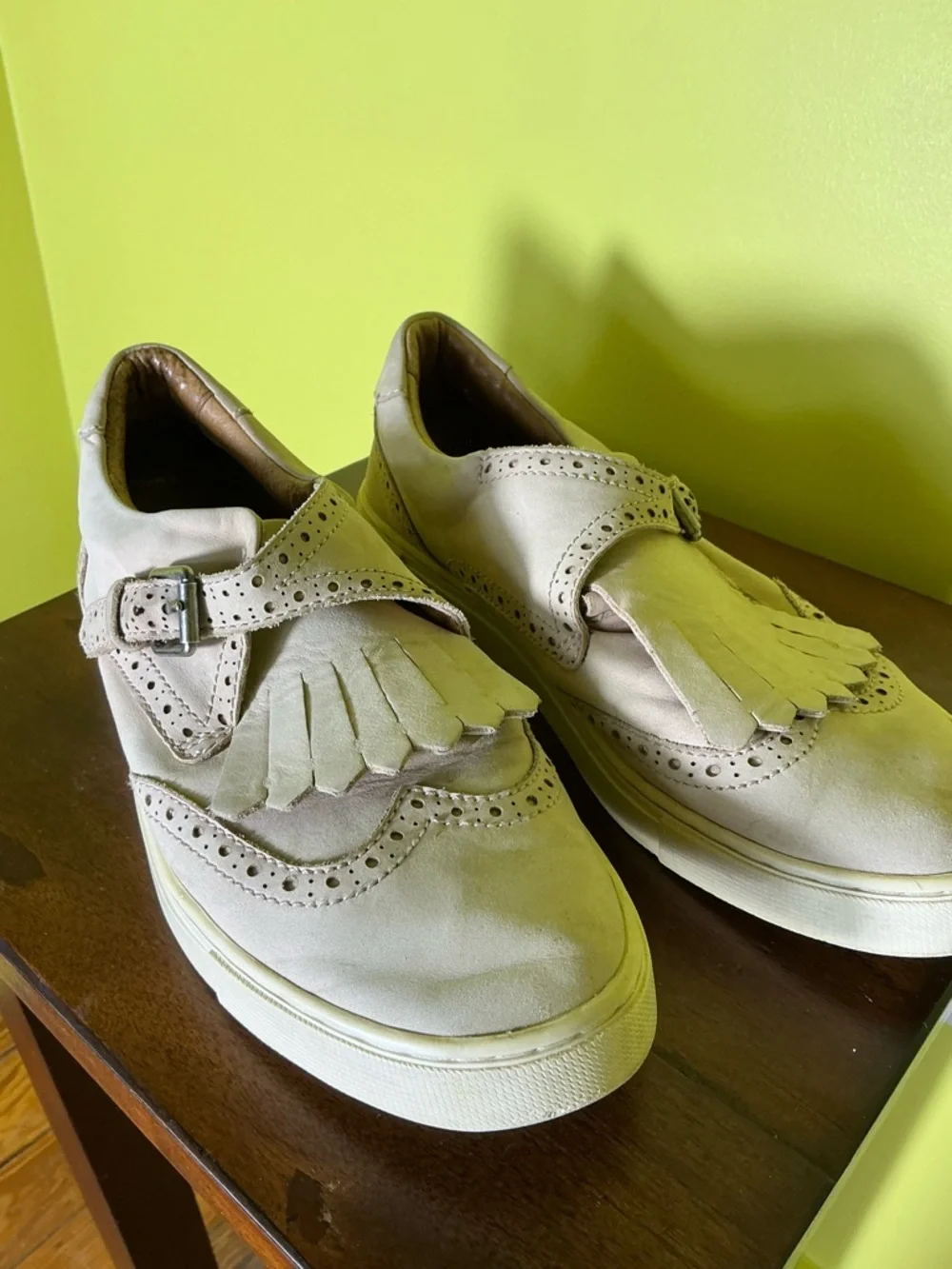 Frye Gemma Fringe Kiltie Buckle Suede Sneakers Grey